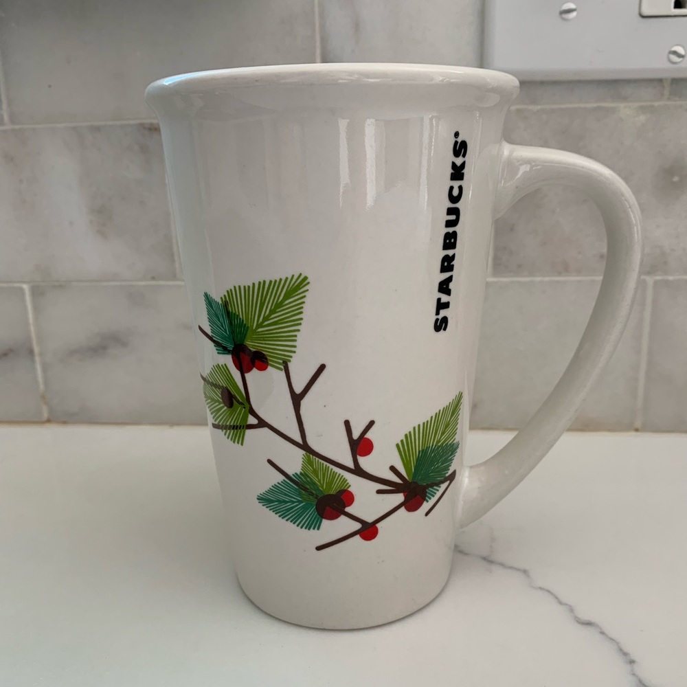 STARBUCKS COFFEE MUG 2011 Holiday Evergreen Leaf Berries 21oz CERAMIC Mint